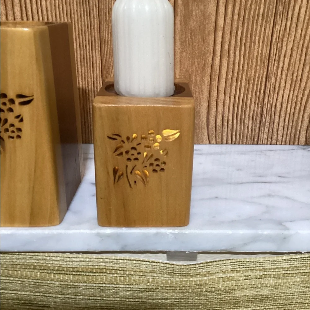 Hand Carved Wooden Graduated Candle Holders with open carving
